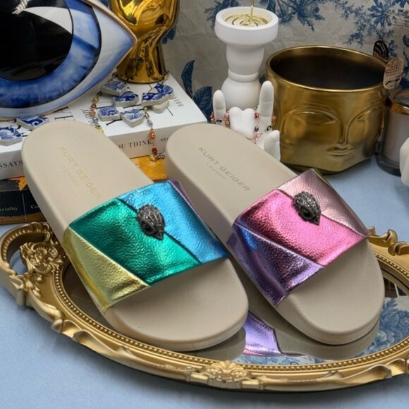 🆕 KURT GEIGER LONDON 🧿 NWOT Meena Eagle Pastel Metallic Slide, Sz 36.5 US 6.5 - Picture 3 of 12
